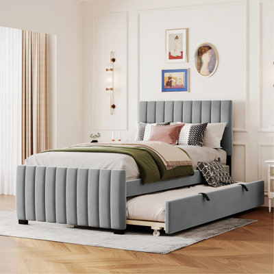 Stylish Bed For Apartment, Guest Room, Bed Frame Upholstered Platform Bed With  Trundle