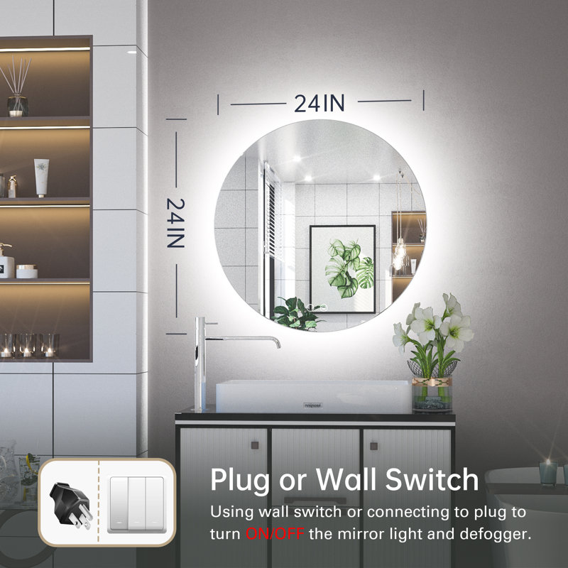 Adorna  Round Frameless Backlit Mirror, LED Bathroom Mirror with Dimmable Brightness, Anti-fog Function, 50000h Lifetime, Shatterproof Film