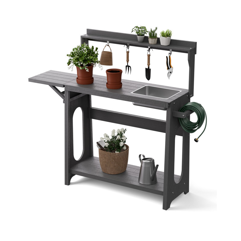 Banc de rempotage d'extérieur avec lavabo amovible et extension pliable, table de rempotage avec tablettes de rangement et crochets à outils
