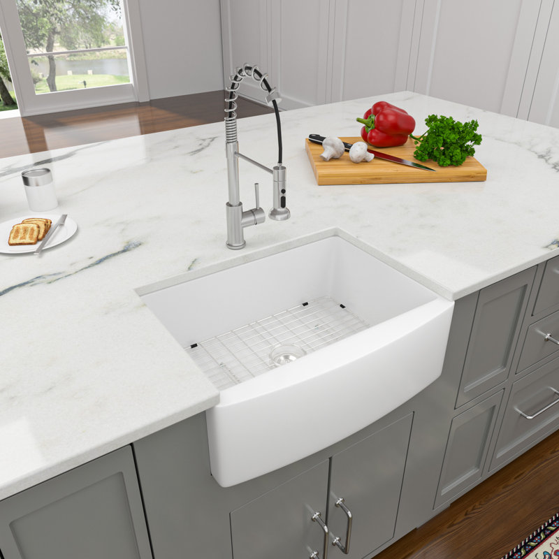 24" L x 19" W Farmhouse Single Bowl Ceramic Kitchen Sink White Ceramic Apron Front Bar Sink