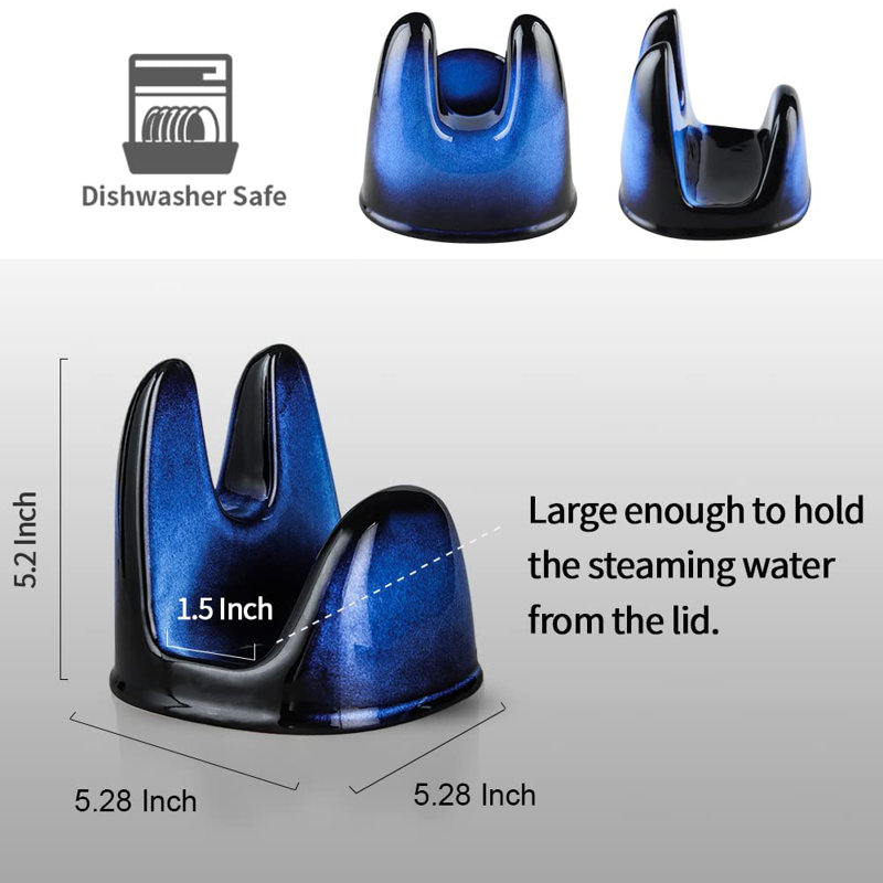 Pot Lid Holder: Stable Ceramic Pan Lid Holder For Kitchen Counter Decor/Countertop/Stove Top- Heat Resistant & Dishwasher Safe - Black & Blue