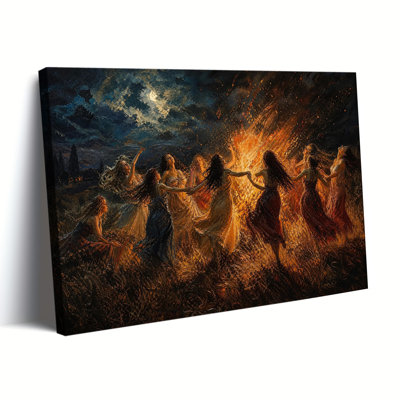 Femmes qui dansent autour du feu de lune, nuit, herbe sauvage, peinture à l'huile sur toile, art mural mystique foncé
