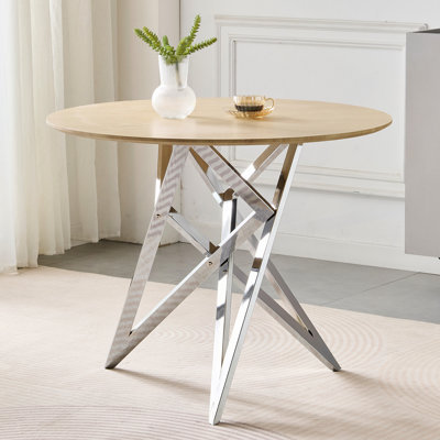 Table de salle à manger ronde de 37 po, petite table de cuisine ronde avec pieds en métal argenté, pouvant accueillir 2 à 4 personnes, table de salle à manger moderne, Burlywood.