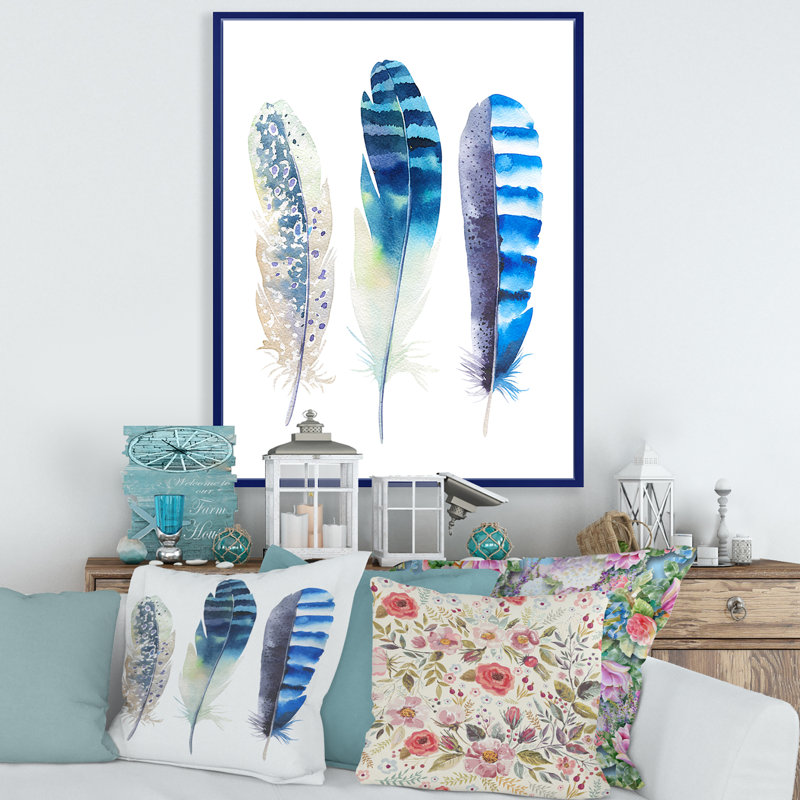Boho Feathers I - reproduction de cadre flottant sur toile, Encadrement bleu, H 32 po x l 24 po x P 1 po