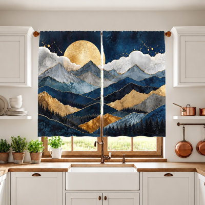 2Pcs rideaux artistiques de paysage de montagne, imprimé lune d'or et forêt, tissu filtrant la lumière, rideaux de fenêtre de protection de la vie privée, conception à passe-tringle, pour salon, chambre, balcon, cuisine, décoration intérieure