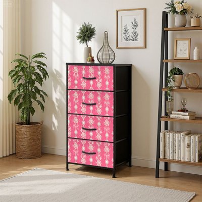 4 Drawer Vertical Storage Dresser Pink Ornamental with Wood Top Fabric Pull Drawers