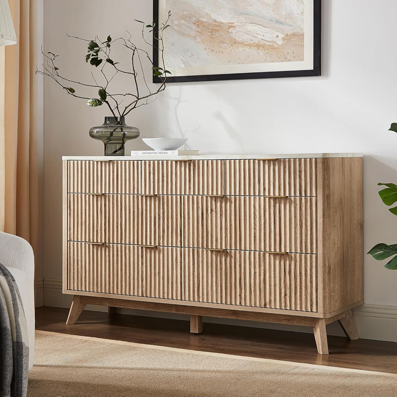 Commode à 7 tiroirs avec design cannelé, Chêne naturel