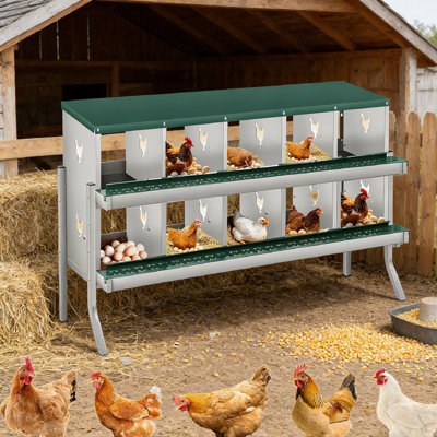 Boîtes de nidification de poulet avec pattes de support, boîte à œufs de poule en métal à deux niveaux avec 10 compartiments grands trous ventilés pour la collection d'œufs, vert