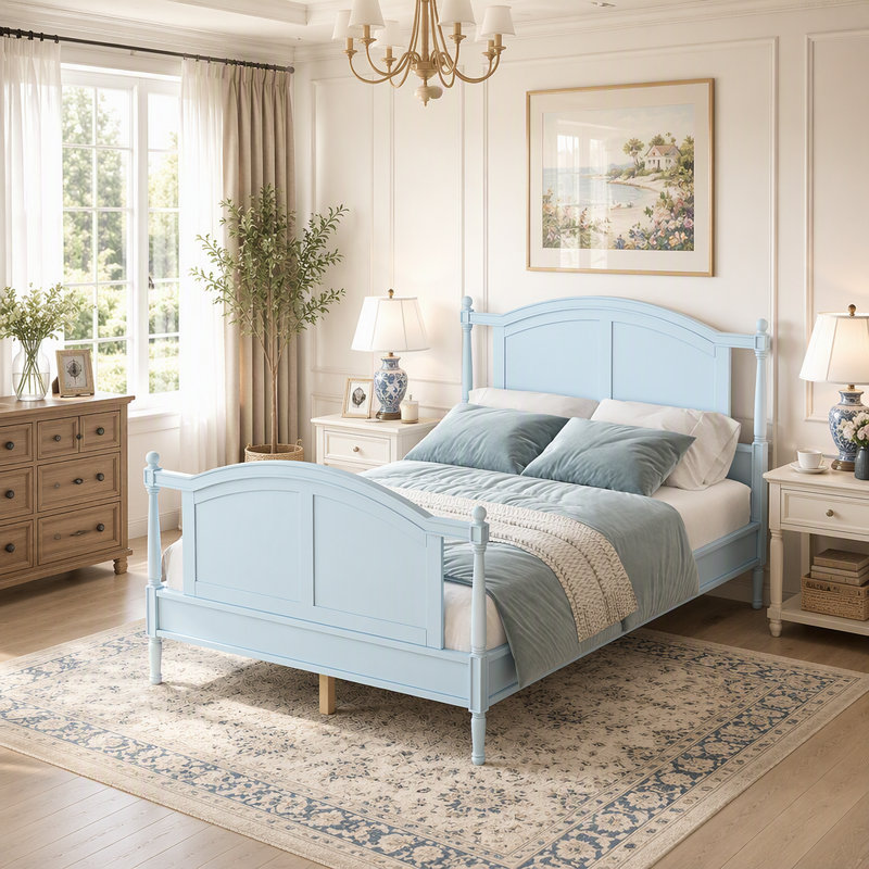 Cadre de lit double traditionnel en bois traditionnel, lit en bois de style campagnard avec tête et pied de lit arqués, cadre de lit à panneau Cottage avec poteaux à broche et support à lattes, aucun sommier nécessaire, bleu clair