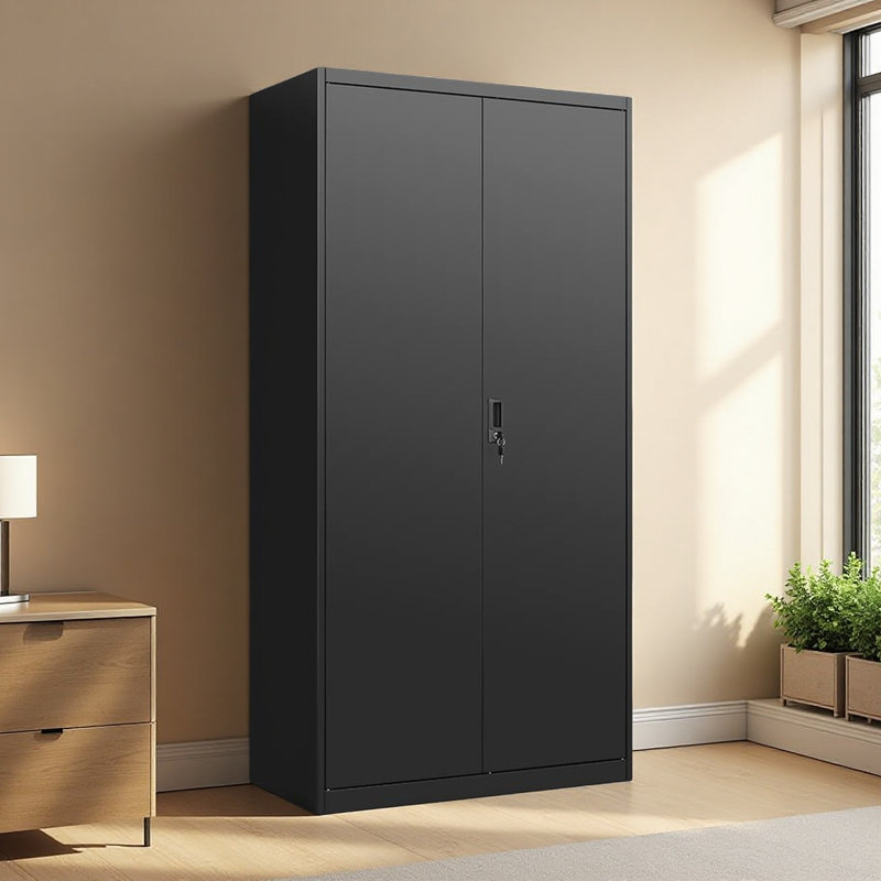 Metal Large-Capacity Wardrobe With Hanging Rod And Compartments, Lockable Closet With Locks & Keys, Steel Construction, Waterproof & Fireproof, Suitable For Bedroom