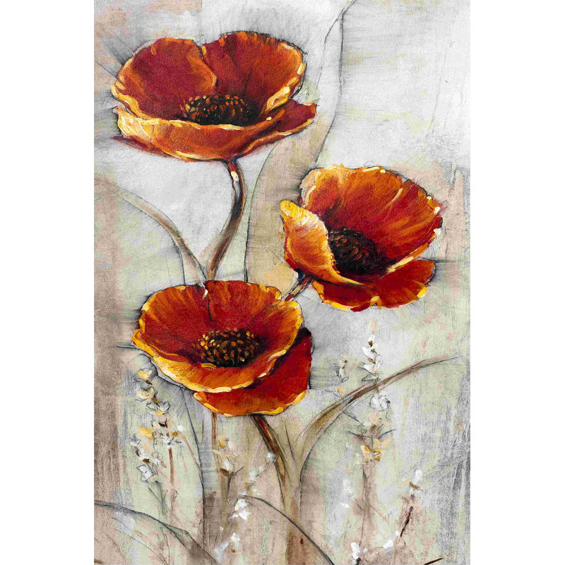 Coquelicots rouges sur taupe I, H 48 po x l 32 po