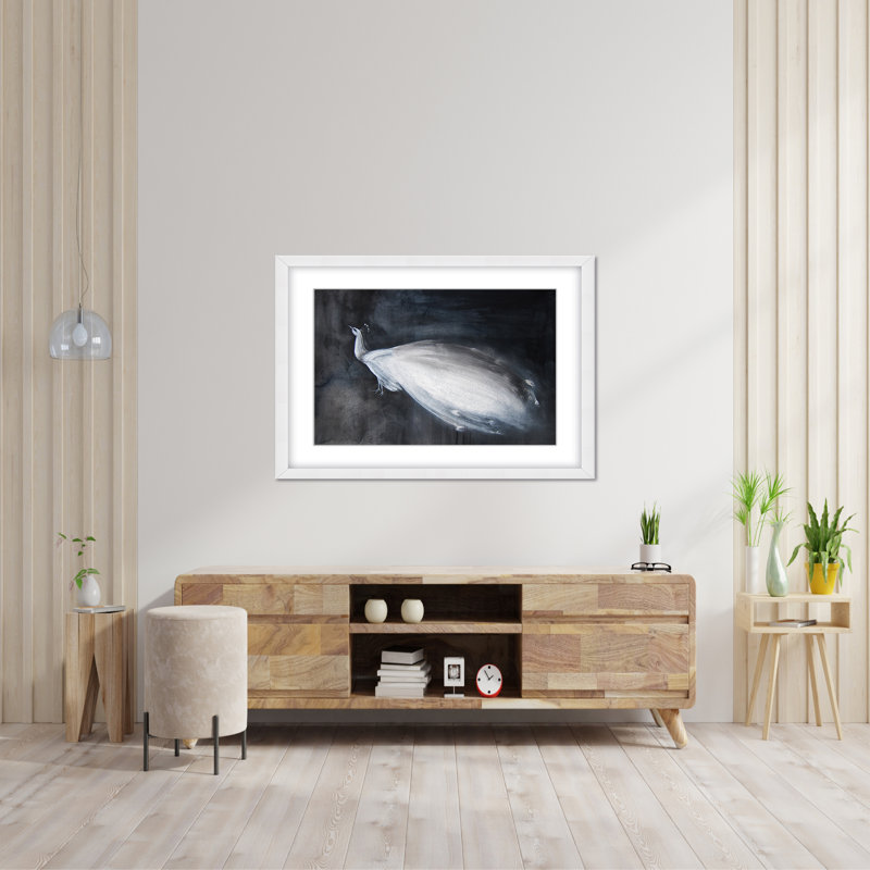 Nature Inspired Portrait Of A White Peacock On Black Background, 36" H x 48" W