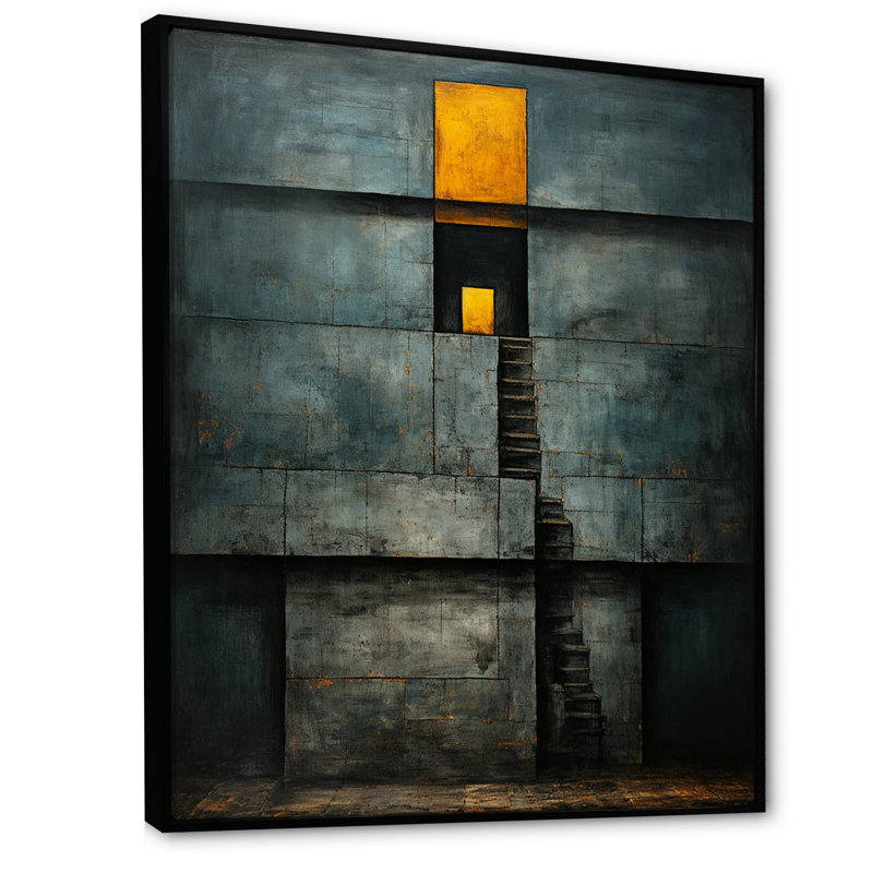 «Quiet Wisdom Minimal Orange On Vintage Blue - Modern Geometric Wall Art Living Room, 32" H x 16" W, Cadre flottant noir