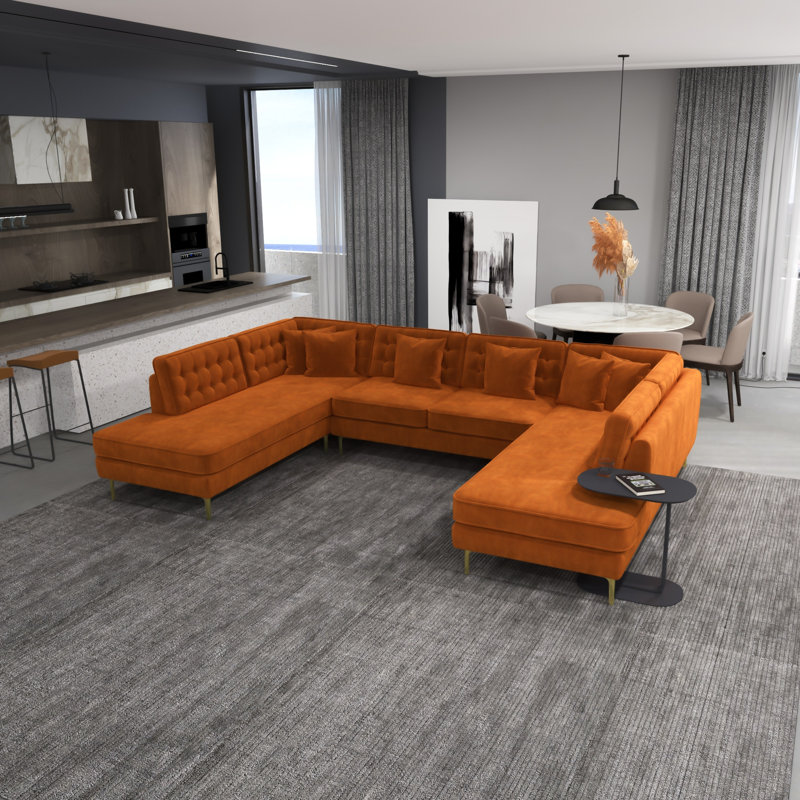 Tyne Velvet U-Shaped Sectional Symmetrical, Orange Velvet