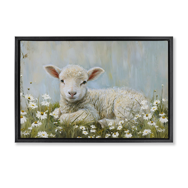 «Lamb Resting in Meadow», toile flottante encadrée noire par Petal Prints Design, Cadre flottant noir de jais