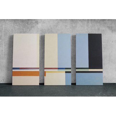 Abstract Geometric Canvas Print, Mid Century Modern Wall Art, 3 Panel Triptych Decor, Large Minimalist Blue Beige Painting, Office Gift, Painting Reproduction