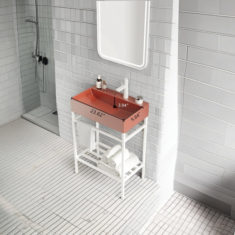 Ensemble de meuble-lavabo autoportant de 24 po avec lavabo en céramique lustré et console de rangement robuste en fer, disponible en plusieurs couleurs, sans robinet, facile à assembler