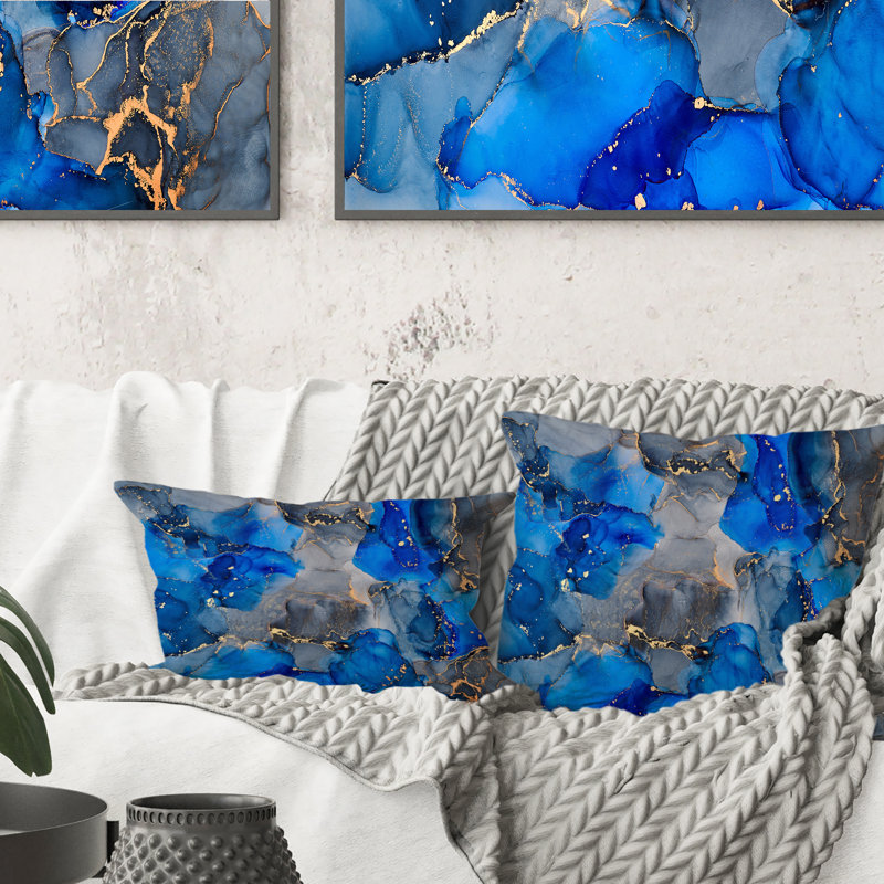 Blue And Grey Luxury Abstract Fluid Art V - Modern Printed Throw Pillow, 16" x 16"