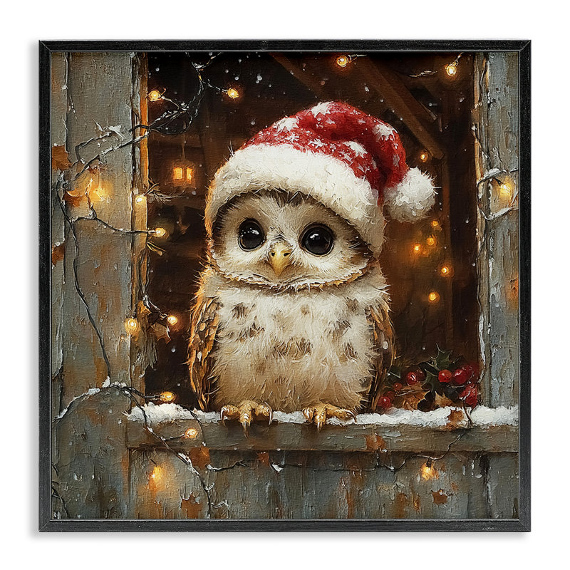 Hibou festif avec lumières des Fêtes, estampe numérique, conception de Riley B, Giclée encadrée noir minuit