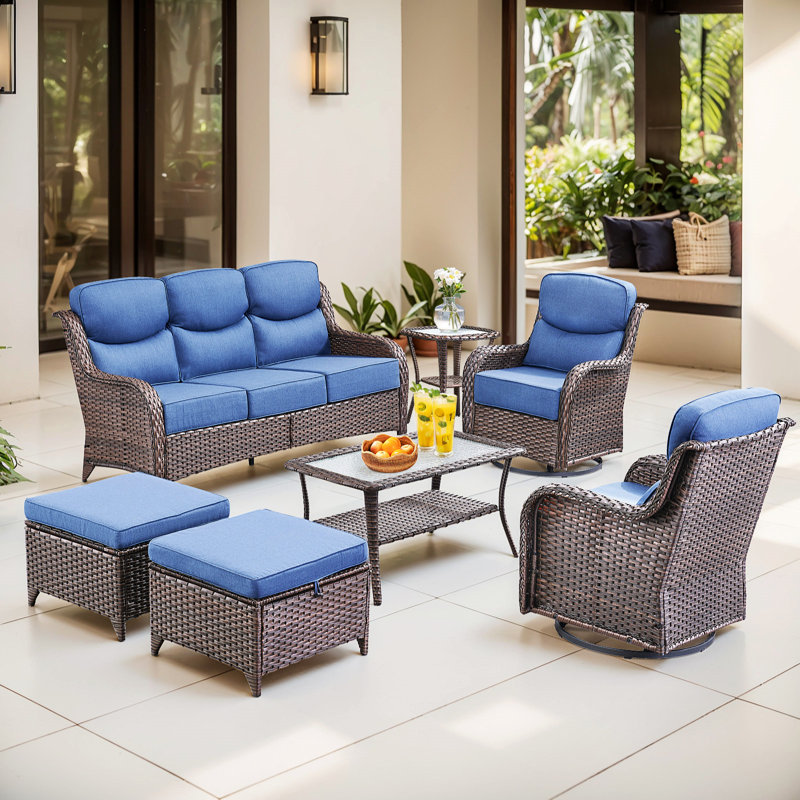  7-Piece Patio Furniture Set With Swivel Glider Chairs, 6-Inch Ultra-Plush Cushions & Water-Resistant Olefin Fabric, Blue