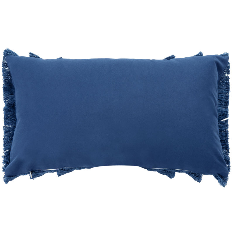 Navy Blue Frayed Cotton Boho Rectangle Throw Pillow