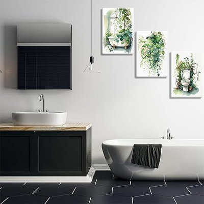 3 pièces encadrées botanique de salle de bain art sauge feuilles vertes affiches sur toile drôles de plantes tropicales vertes décoration murale photos de salle de bain