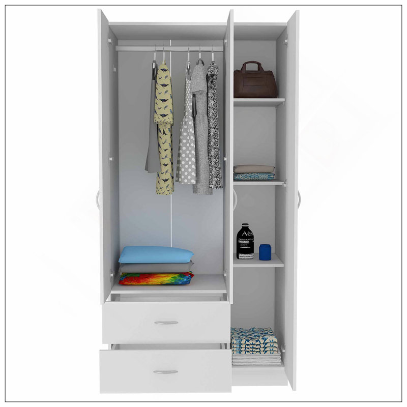 Armoire 3 portes avec tiroirs, tablettes et tringle de suspension - Blanc, Blanc