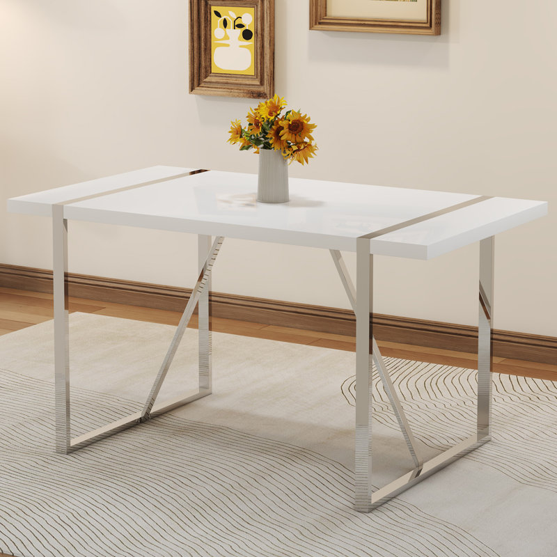 55" Medium Modern Rectangular Dining Table with Geometric Metal Legs, Silver