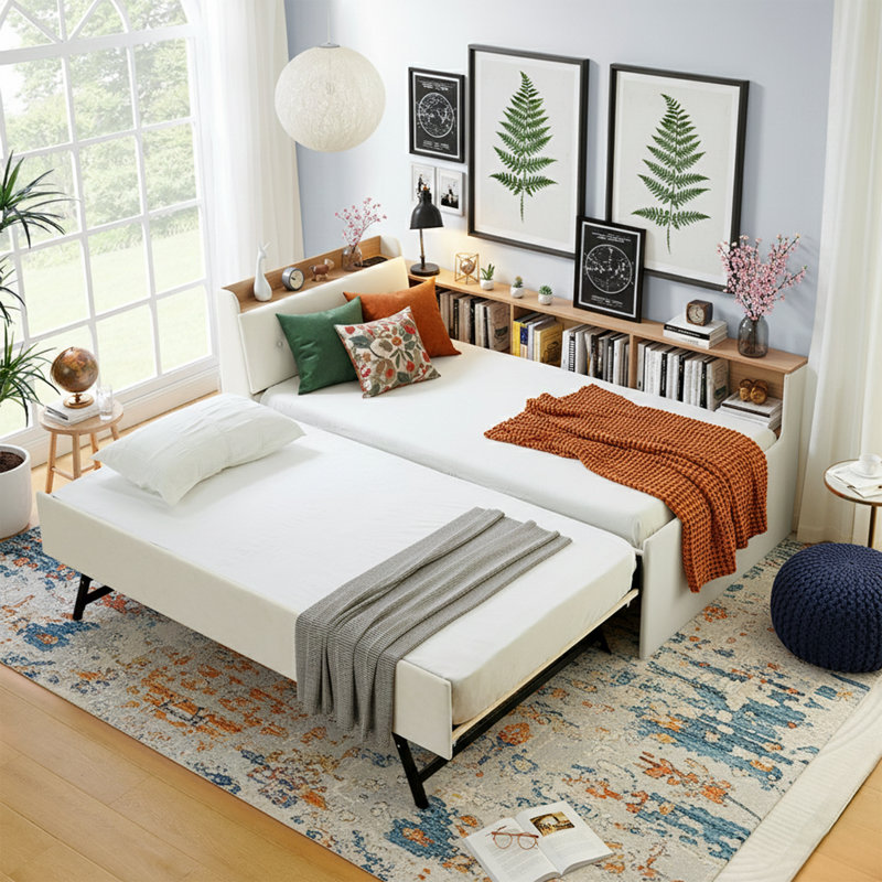 84" Twin Daybed with Wireless Charging and Pop-up Trundle - LED Storage Headboard - 500 lbs Capacity - Beige Velvet, Beige