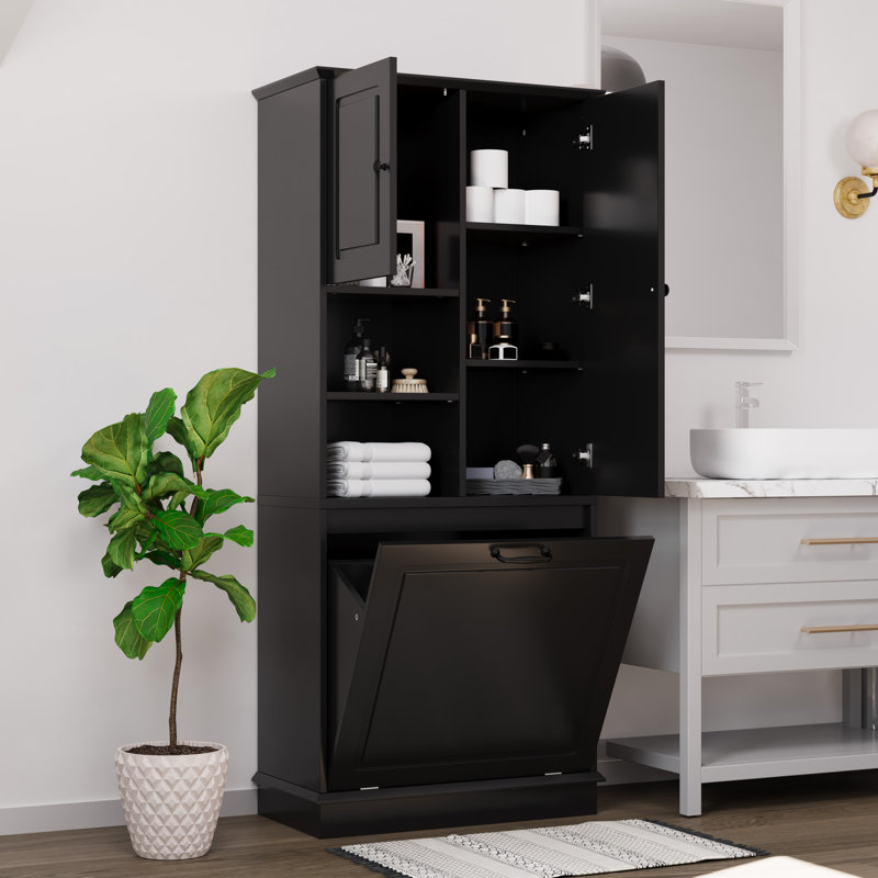67.7" Tall Storage Cabinet With Adjustable Shelves And  Laundry Basket, Black