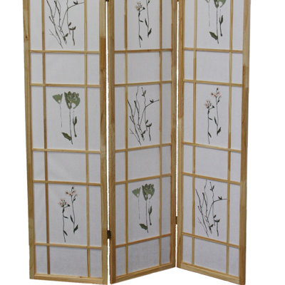 Cloison 3 traditionnelle de style asiatique de 70 po en pin massif naturel avec imprimé floral, paravent 50 po x 70 po H 3 pouces, finition, pin, style asiatique