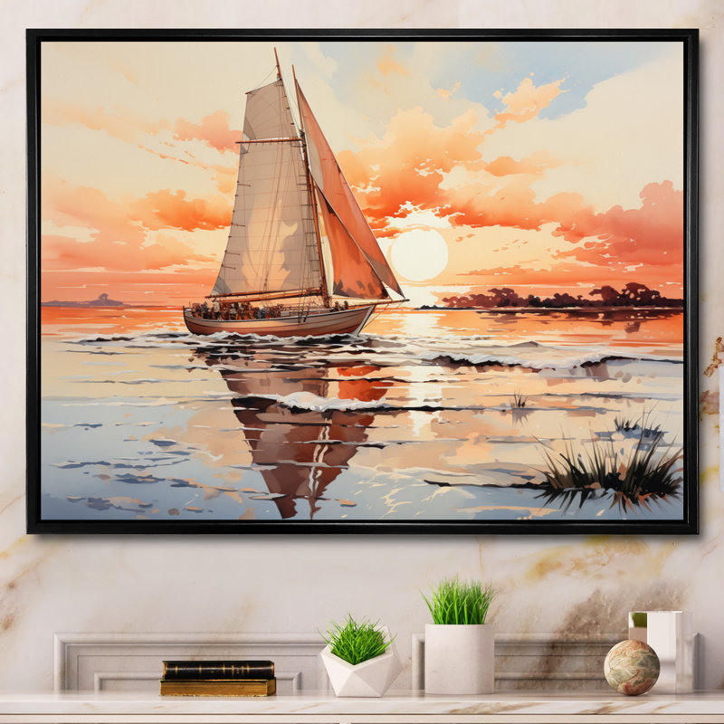 «Dixion Peach Sail Boat Into The Sunset», reproduction d'art sur toile, Cadre flottant noir, H 16 po x l 32 po x P 1 po
