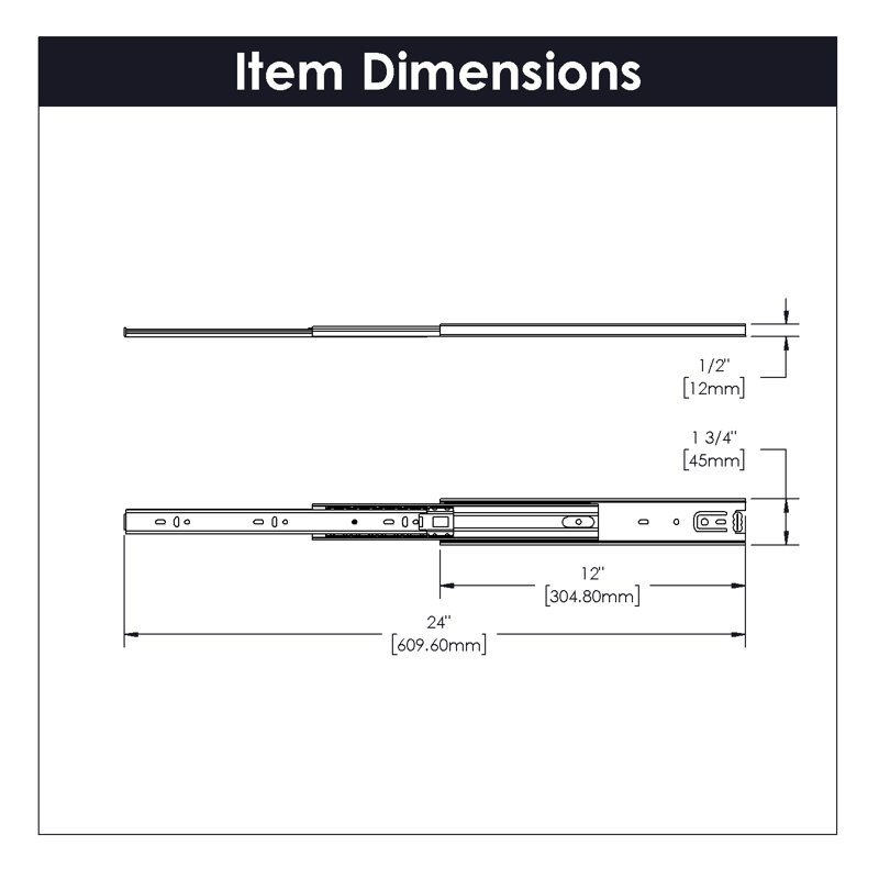 Drawer Slides 12" Side Mount - Full Extension 100 lb. Capacity Cadmium Finish, 12" H x 1.75" W x 0.50" D
