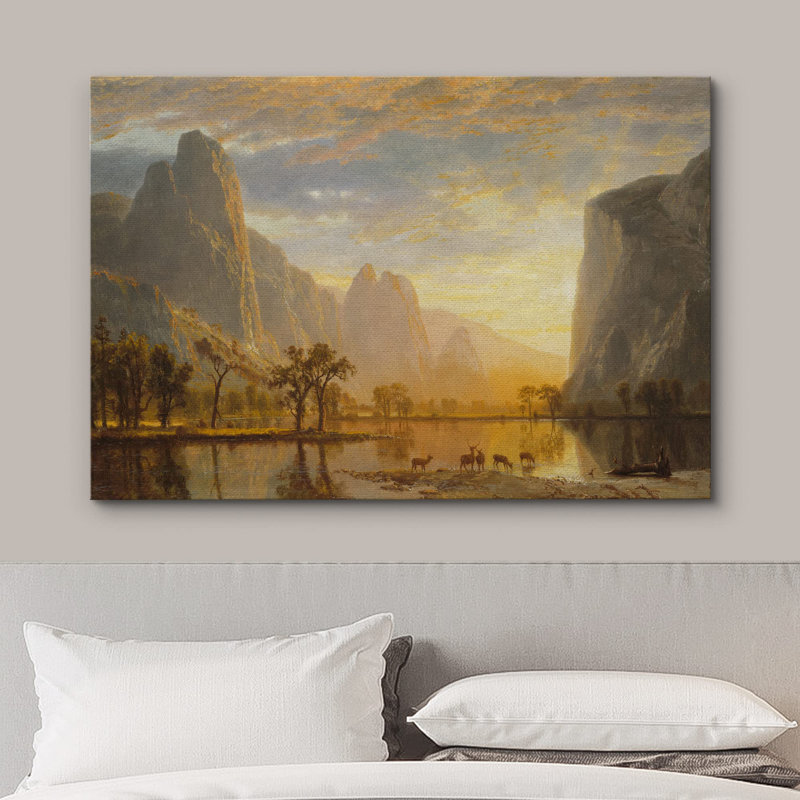 Paysage rustique, heure dorée, paysage de montagne, cerf, Toile tendue, H 24 po x l 36 po x P 1,5 po