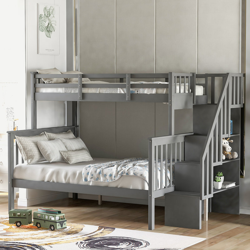 Lit superposé simple au-dessus de double avec escalier de rangement Veyra, Gris