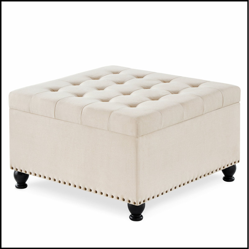 Large Square Storage Ottoman With Wooden Legs, Button Tufted Upholstered Coffee Table For Living Space