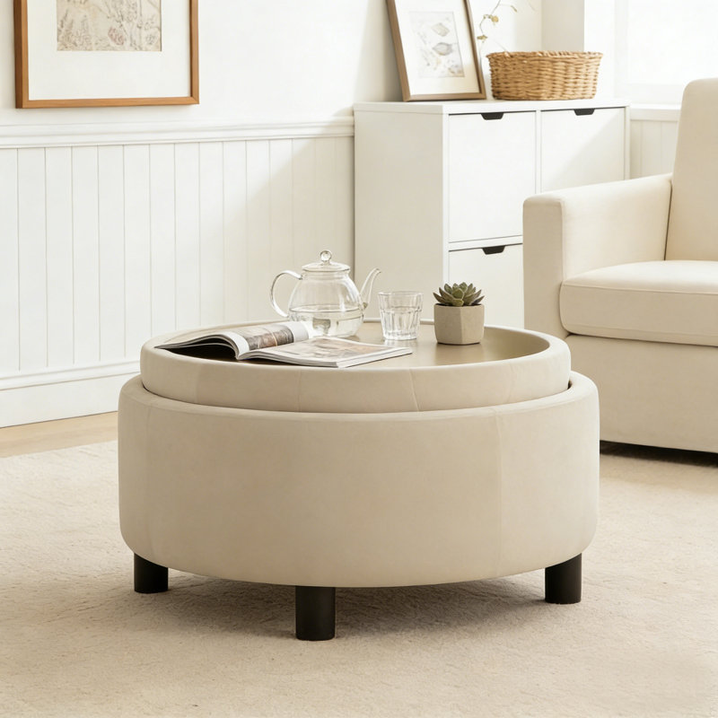 Round Storage Ottoman Coffee Table with Reversible Lid, Beige