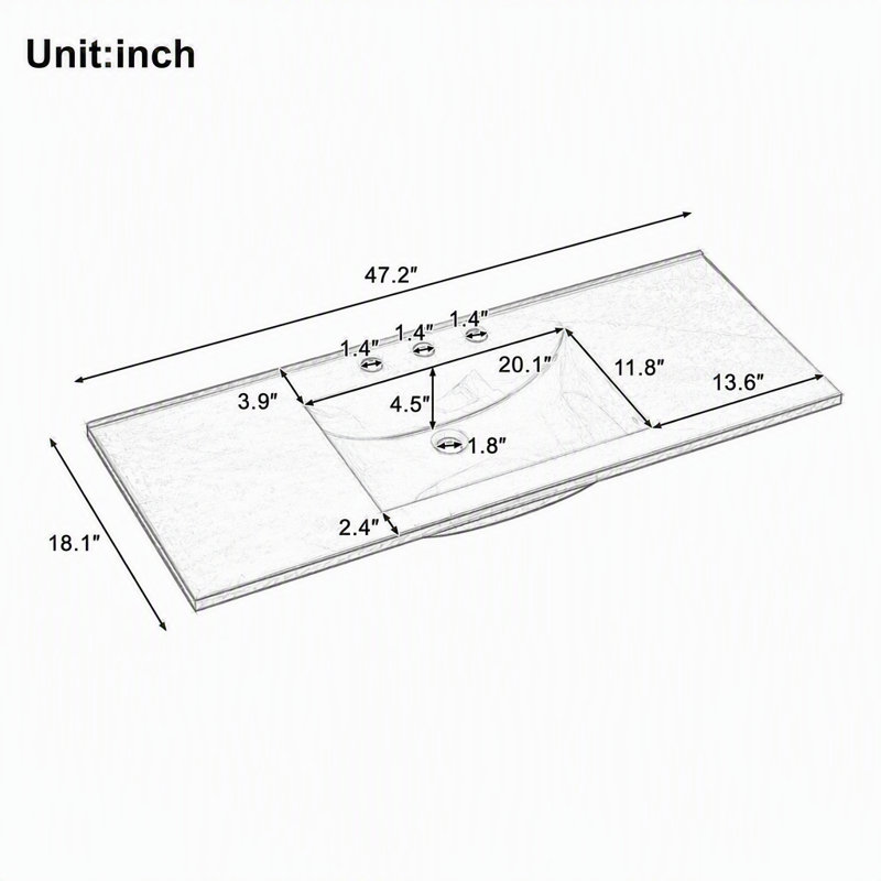 Meuble-lavabo suspendu de 122 cm (48 po) avec lavabo en composite, 2 grands tiroirs et tablette inférieure ouverte, détails classiques, sans poignées.