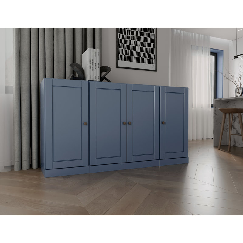 Buffet 100% bois massif 65 "avec portes solides, 2 tiroirs et tablettes réglables, Bleu antique