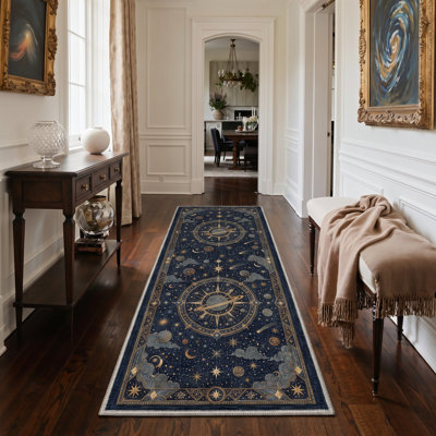 Machine Washable Starburst Blue / Gold Runner With Non-Slip Backing