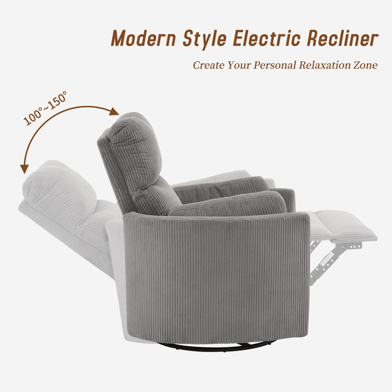 40″ Wide Power Swivel Recliner with USB Charging – Corduroy Glider Barrel Chair