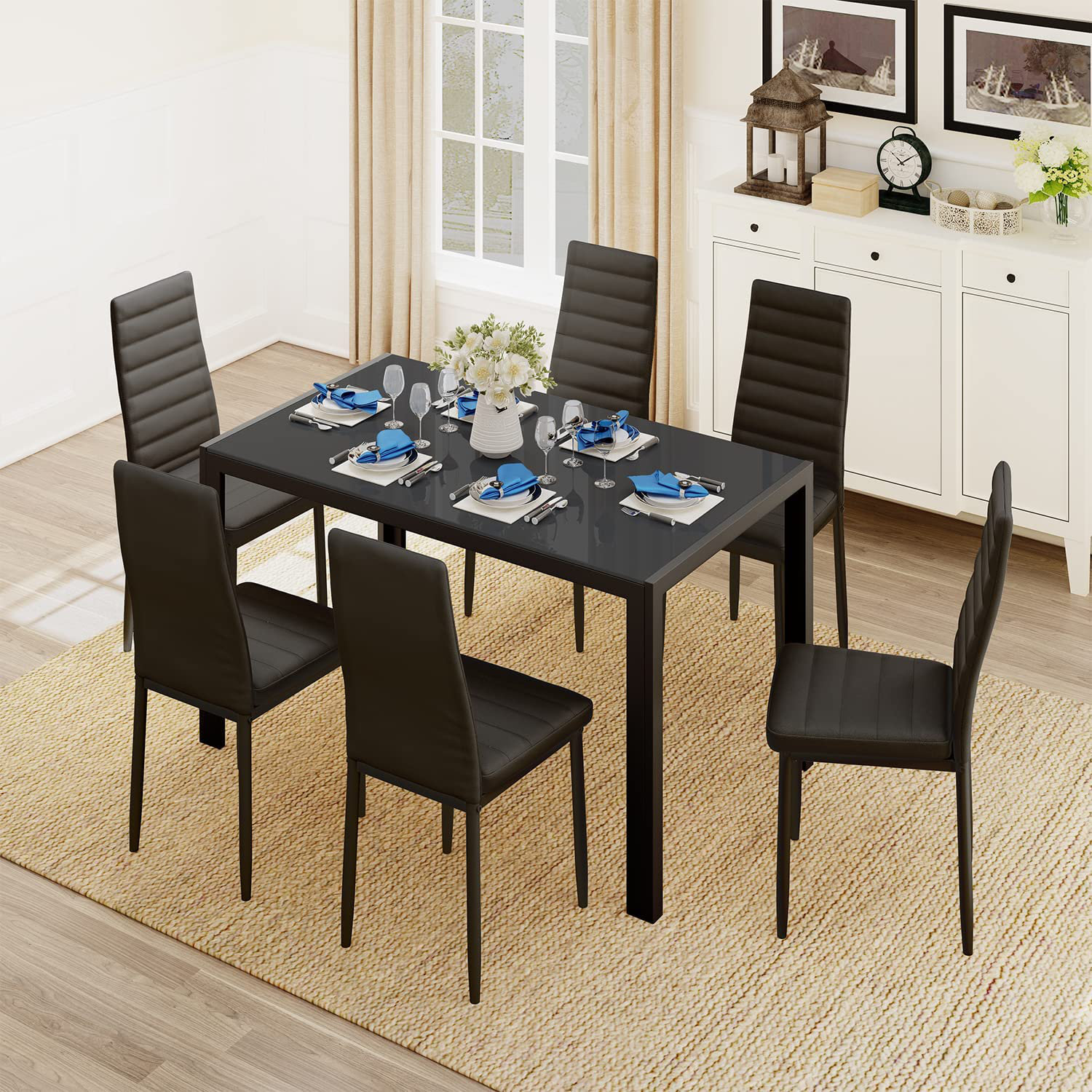 Latitude Run® 7 - Piece Glass Top Dining Set, Dining Table with 6 Faux Leather Chairs & Reviews ...