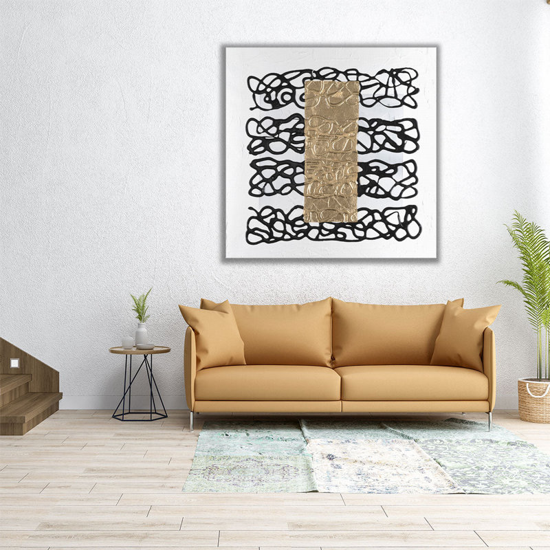 Golden Script I - noir et blanc - reproduction d'art sur toile, H 40 po x l 40 po