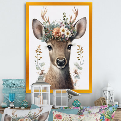 Mignon bébé caribou avec couronne florale I - art mural moderne sur toile