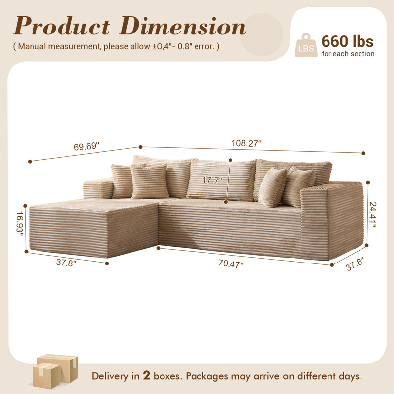 Canapé modulaire rembourré désossé 2 pièces sans assemblage par compression, Velours côtelé beige