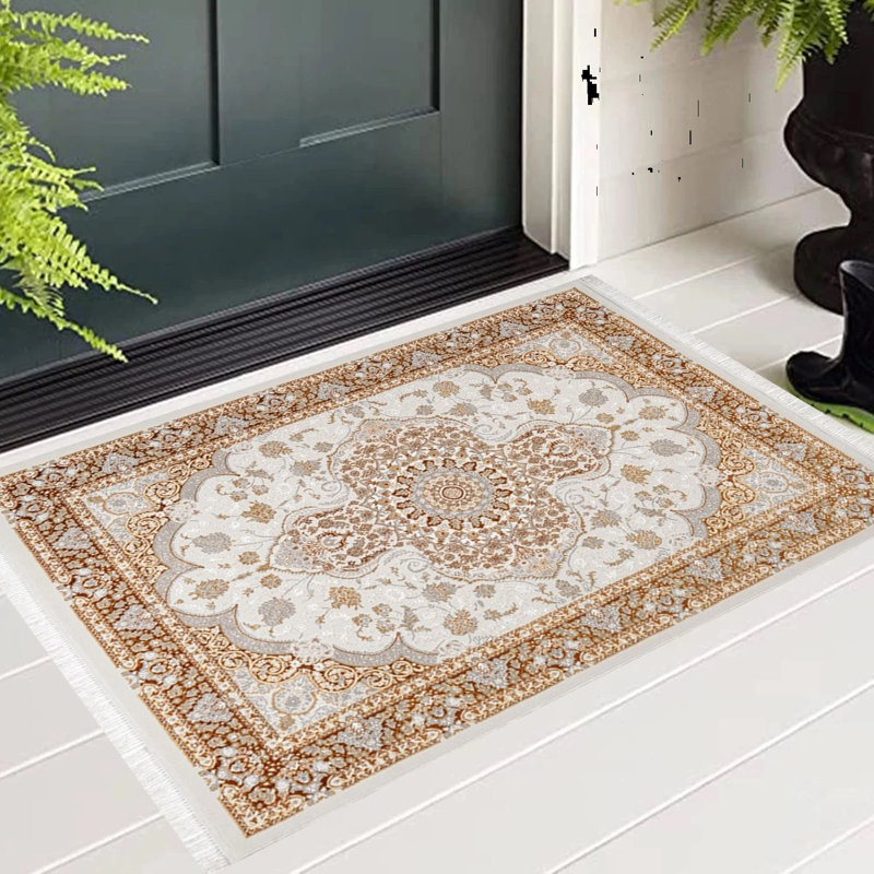 Floral and Moroccan Doormat, Gold, 60cm W x 110cm L