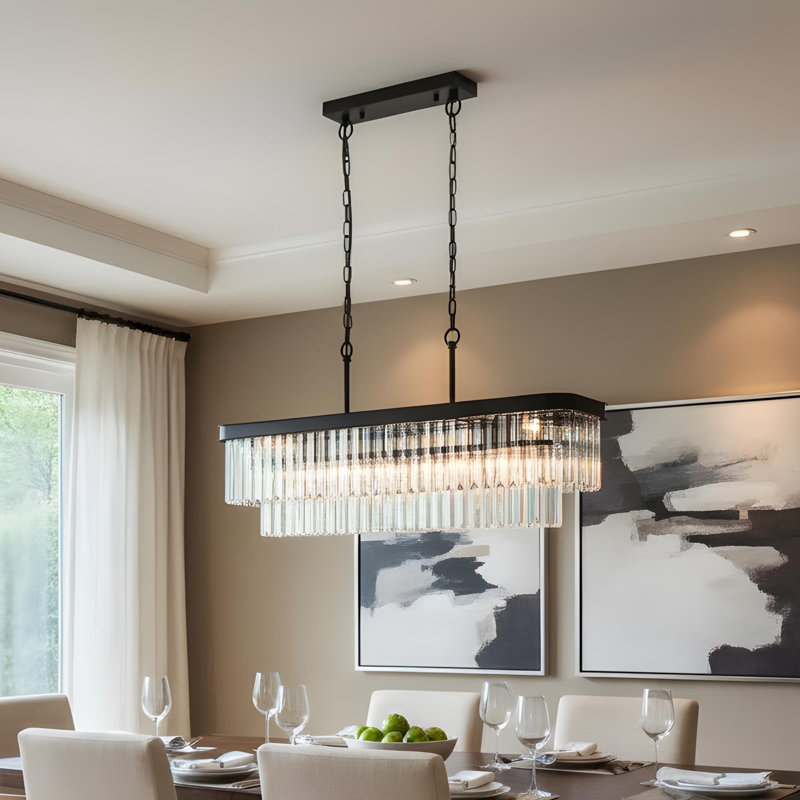 Série de lustre, lustre rectangulaire réglable en cristal, luminaire en cristal industriel moderne E12, luminaire suspendu en fer forgé rustique (convient pour la cuisine / le salon / la chambre à coucher) Noir (ampoules non incluses)