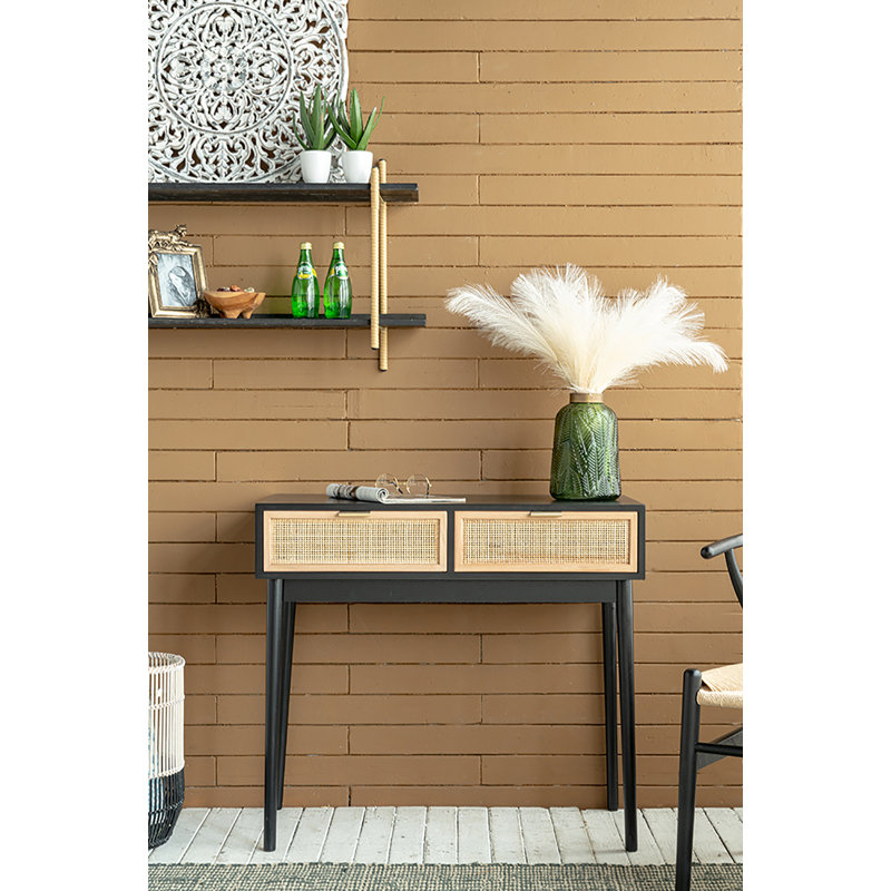 Rattan 2-Drawer Console Table - Black/Rattan