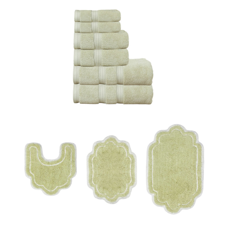 Talbert Collection 100% Soft Cotton 6 PC Towel Set & 3 PC Bath Rug Set, (Set of 9), Green