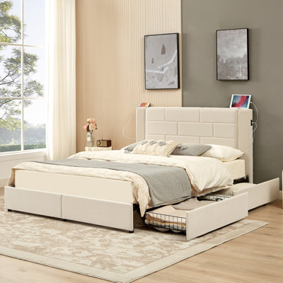 Denman King Size Bed Frame with 4 Storage Drawers and USB Ports Charging Station Platform Bed